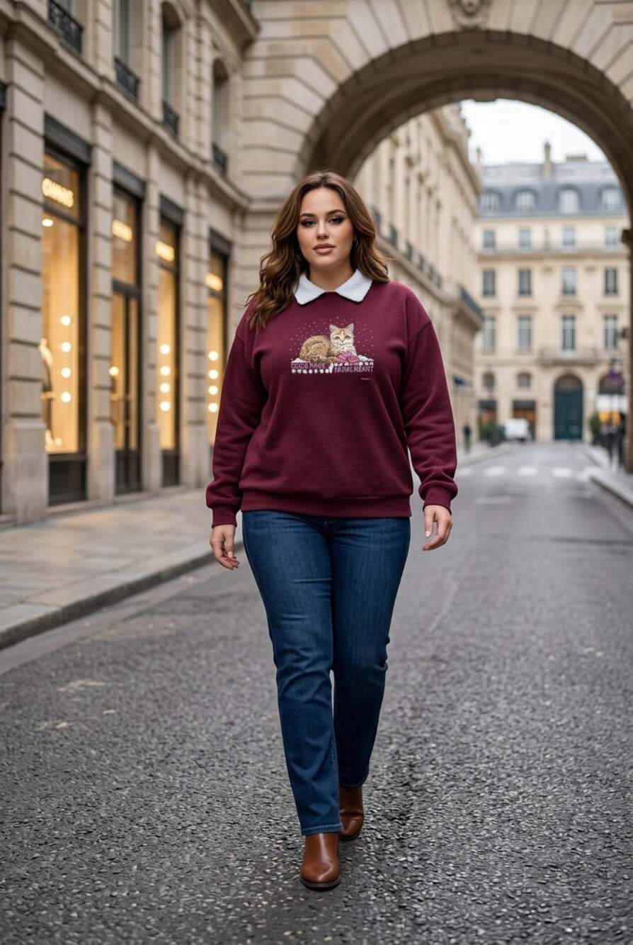 Vtg 90s Maroon Cat Graphic Sweatshirt White Colar Cozy Snowflakes Grandmacore XL